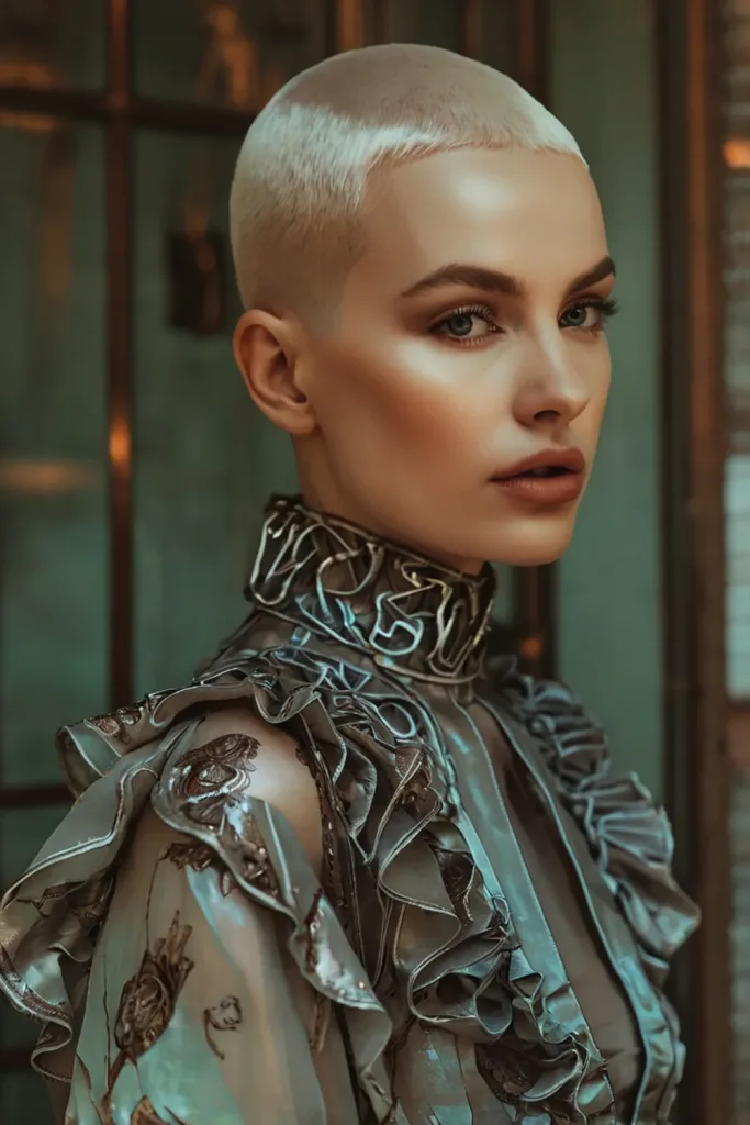 pixie cut blonde very short hair woman in blouse