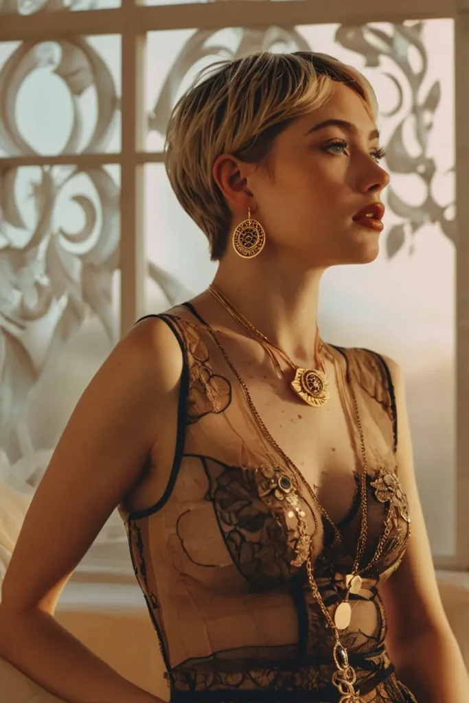 pixie cut blonde young girl in gold dress