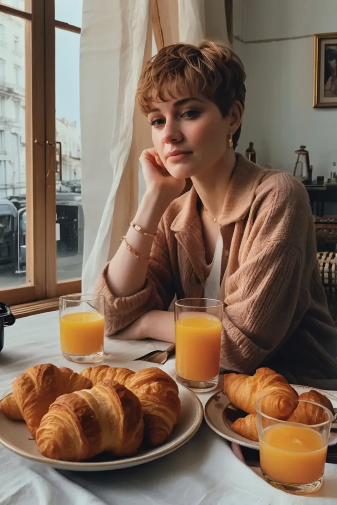 pixie cut dark haired woman sitting behind table breakfast