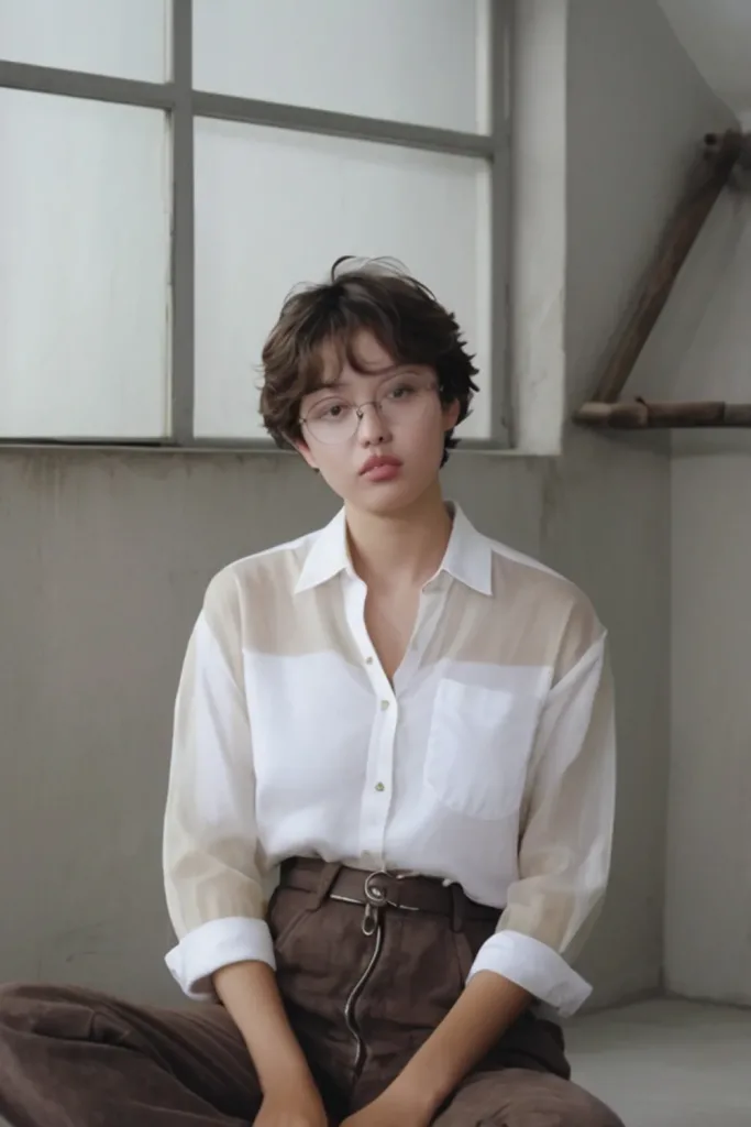 pixie cut girl in white shirt short curly hair