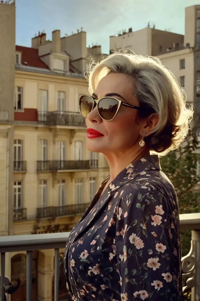 pixie cut lady in 50s in eyeglasses on balcony