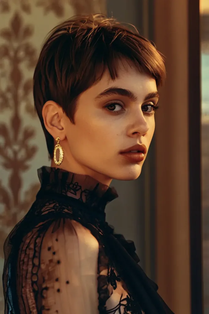 pixie cut short cut hair brunette with bangs
