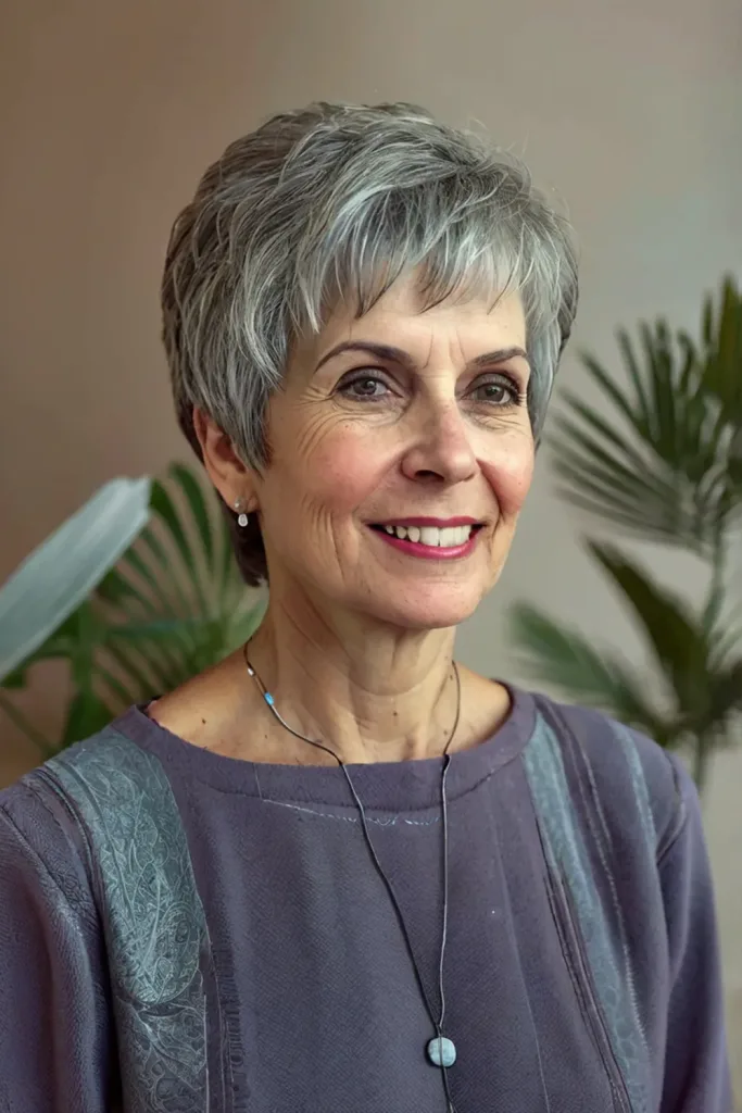 pixie cut short hairstyle with bangs grey