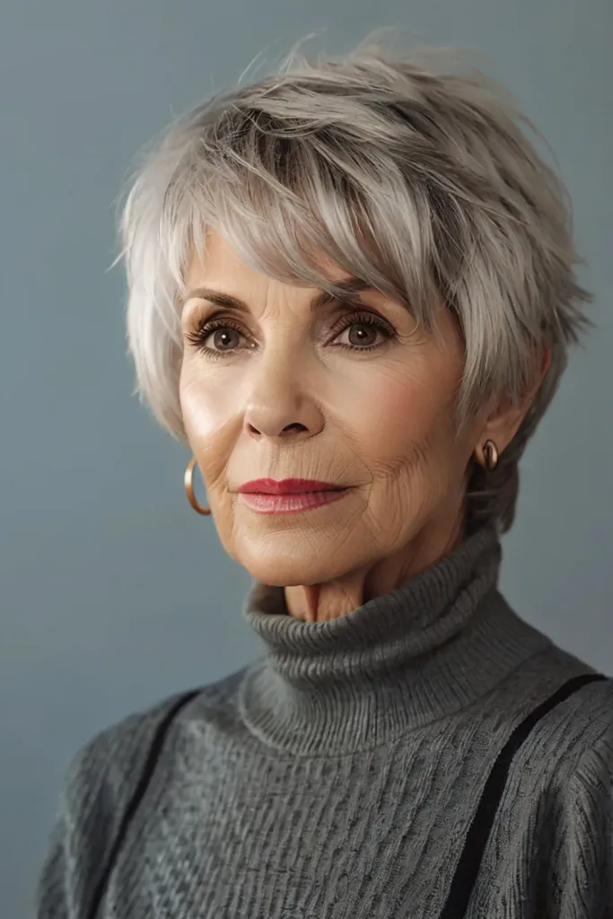 pixie cut woman in 60s grey hair short cut