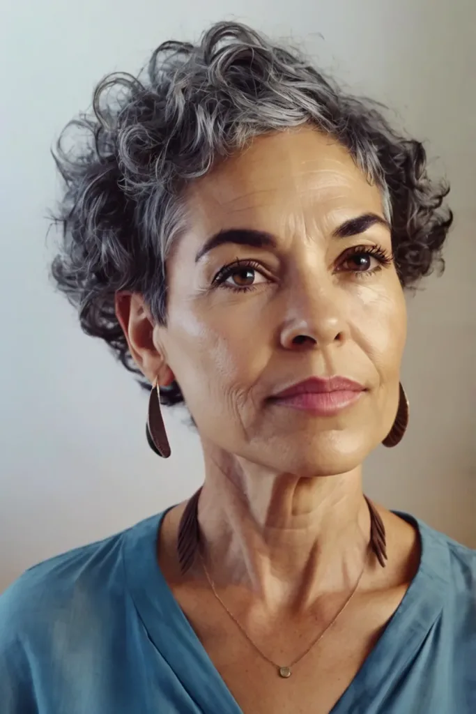 pixie cut woman with curly hair grey hair short