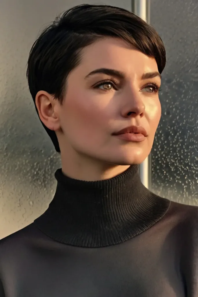pixie cut woman with dark short hair