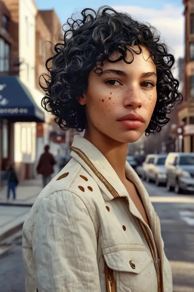 pixie cut woman with short curly hair