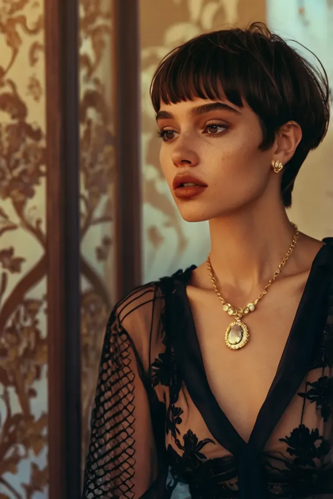 pixie cut woman with short dark hair bangs