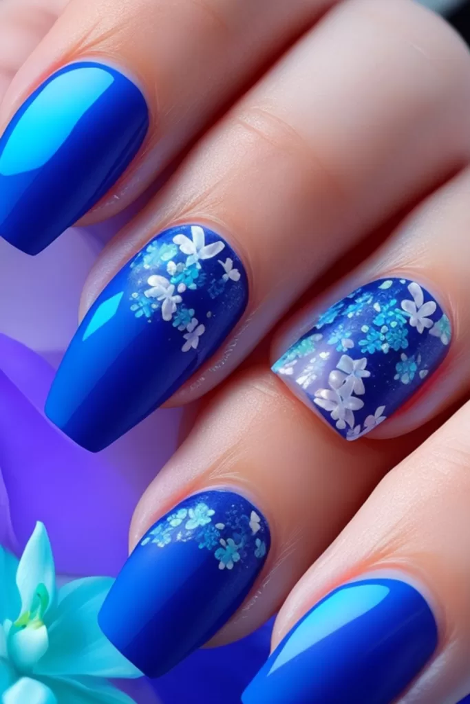 summer nails blue manicure flowers