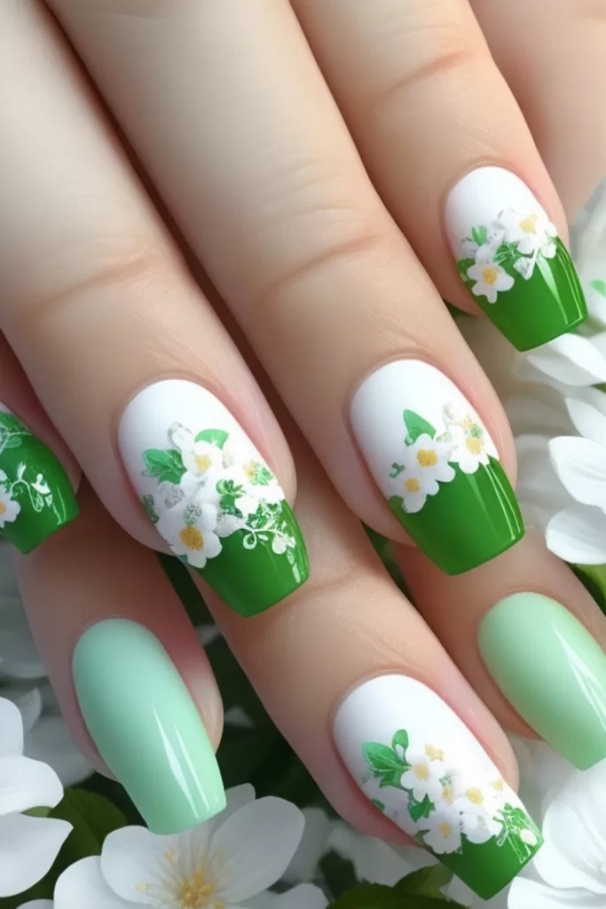 summer nails sage green nails flowers manicure