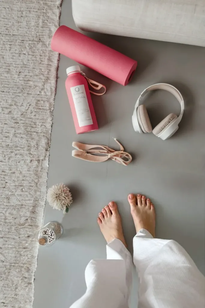workout songs woman feet standing at the yoga mat sport bottle earphones