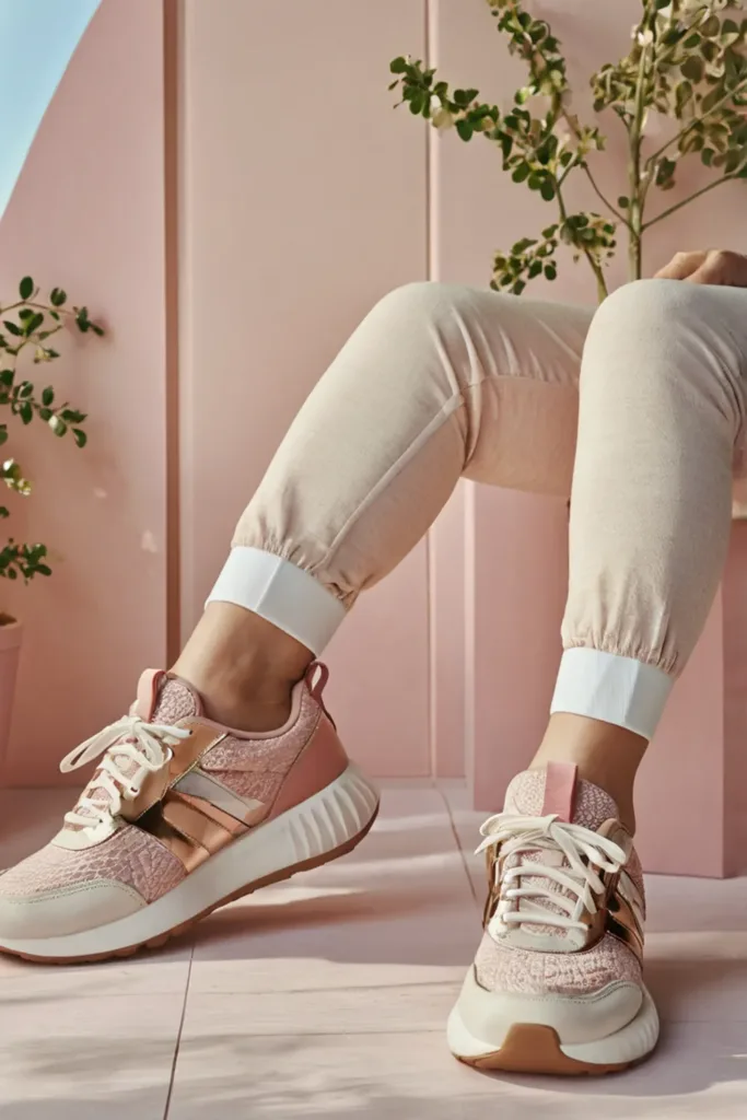 workout songs woman legs in sport sweatpants pink sneakers